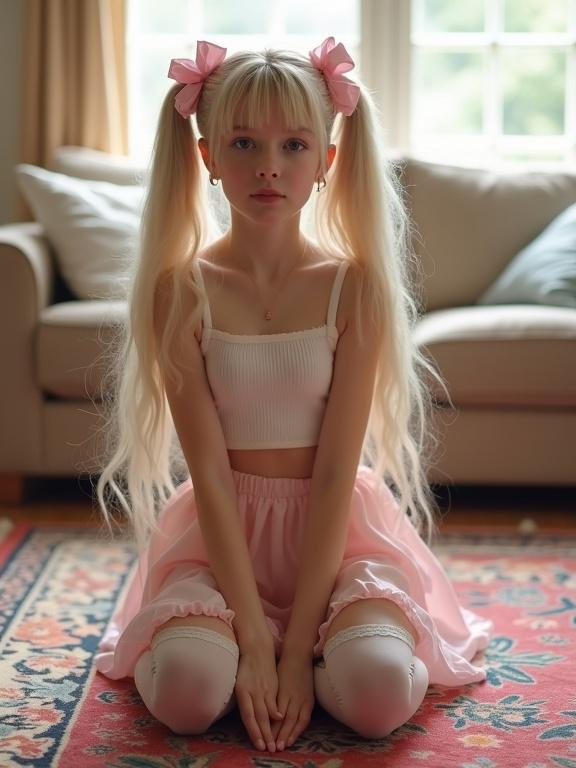 A teen kneels in a living room. She wears long blonde hair with pink bows. A crop top showcases her style. A pale pink skirt and thigh-high socks accentuate her look. Simple black shoes complete her outfit. A colorful rug adds vibrancy. Soft natural light fills the space.
