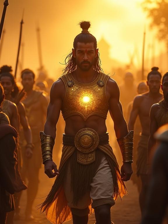 Powerful young warrior with golden armor steps forward from the crowd. Shining like the sun breaking through clouds. Radiant aura and lion-like determination. Strong posture and muscular build. Traditional ancient warrior attire with a bow. Background shows shocked faces. Expression is firm and fearless.