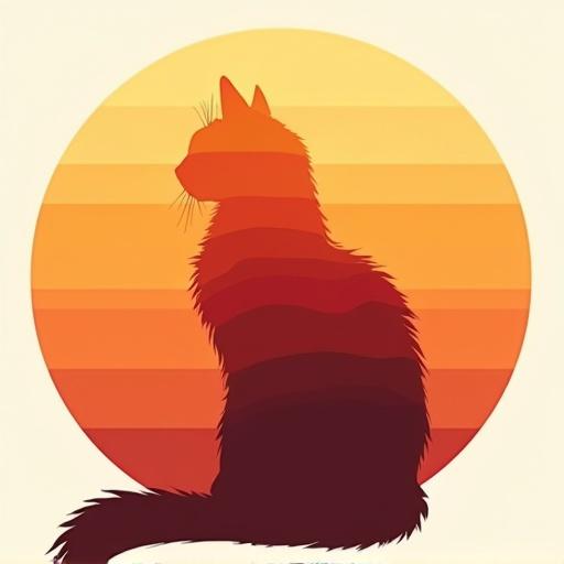 Maine Coon cat is sitting in profile. Cat silhouette is filled with layers of color bands. Colors include deep burgundy rust red burnt orange bright orange golden amber and pale yellow. Background features a large circular sunset. The cat's fluffy form appears dimensional against sunset. Sufficient depth and warmth in colors.