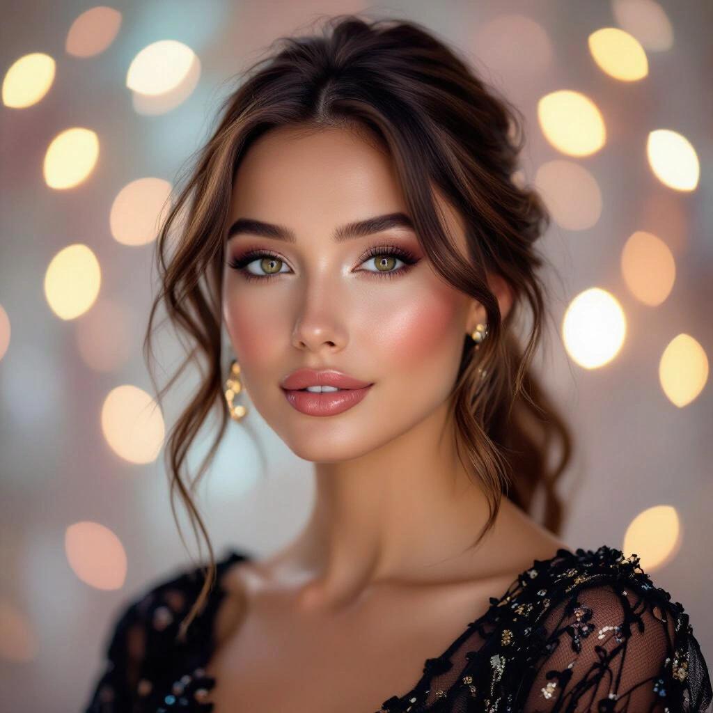 Artistic portrait of a woman. Soft colorful lighting. Bokeh effects in the background. Glamorous styling. Dreamy atmosphere.