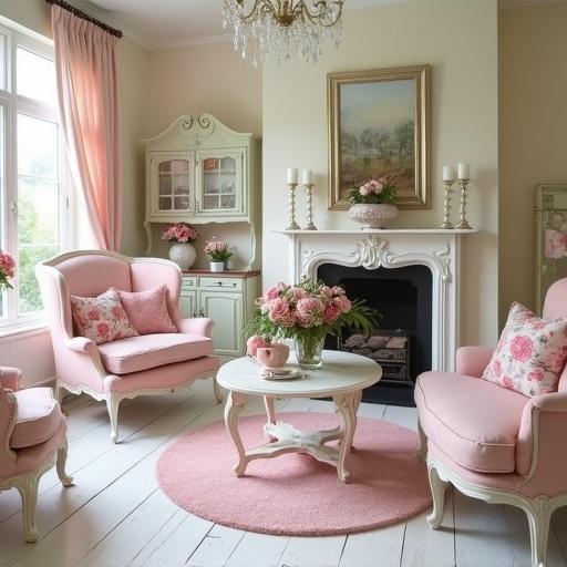 A cottage style living room with cream color, light pink, white, and sage green. Features include rose print pillows, a vase of pink roses, a crystal chandelier, candles, a pink wingback chair, and Louis XIV furniture. Pink oval rug on a white wood floor.