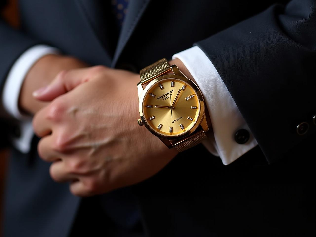 A luxurious gold watch is placed on an elegant man's wrist. The watch features a polished golden face with shining crystals marking the hours. It showcases the name 'PRESIDENT TRUMP' and the number '45-47' engraved on the dial. The elegant man’s wrist is adorned with a crisp, tailored suit cuff, accentuating the sophistication of the timepiece. The background is softly blurred to keep the focus on the watch and the elegant man.