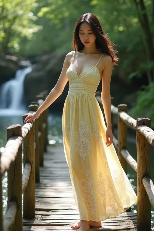 Elegant woman on rustic wooden bridge over stream With soft waterfall in background Wearing sleeveless summer dress with spaghetti straps and sweetheart neckline Dress is yellow with white and gray patterns Hair is in soft waves Gazing down with hand on bridge railing Surrounded by lush green nature Dappled sunlight and sparkling water