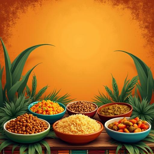 Vector image with warm textured background featuring African tribal patterns. Spacious section at the top for title. Bottom section shows five traditional African dishes in colorful bowls on wooden surface. Surrounded by tropical leaves for a natural atmosphere. Professional and clean design. Use rule of thirds for balance.