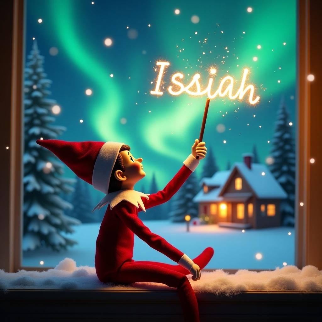 An elf on the shelf sits with its back to the viewer, gazing skyward in delight. It is dressed in a classic red outfit with a pointed hat. The elf holds a glowing wand that creates a warm, sparkling light. Behind it is a charming Christmas scene, featuring colorful northern lights swirling in the night sky. In the distance, a cozy house twinkles with holiday decorations. Snow blankets the ground, enhancing the winter ambiance. The name ‘Isaiah’ shines in the air from the wand, representing the joy and magic of the Christmas season.