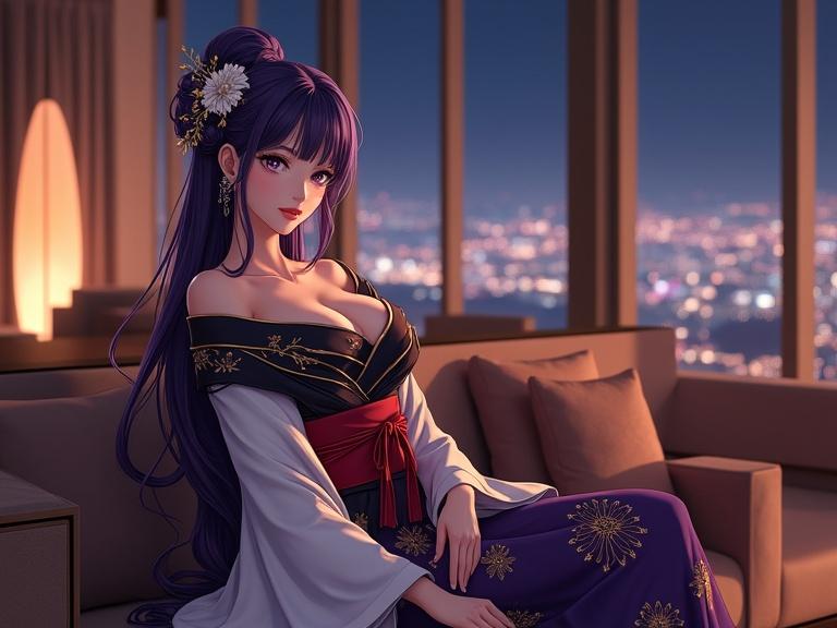 Full-body view of a beautiful anime-style mature lady with dark violet hair in an elegant updo. She wears a luxurious kimono with white sleeves and golden floral patterns over a black base. A red obi belt is tied around her waist. Seated comfortably on a luxurious sofa in a high-end building lounge. Leaning back against the sofa with her knees bent. Dimly lit lounge showcasing a panoramic view of a city nightscape.