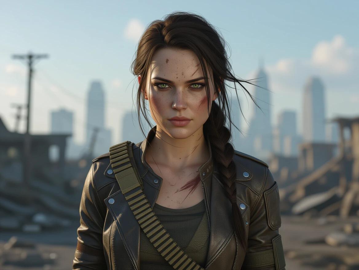 Hyper-realistic portrait depicts a fierce female survivor in a post-apocalyptic landscape. She has piercing green eyes and dirt-smudged fair skin. Long dark brown hair is tied in a half-braid. She wears a torn tactical leather jacket over an armored utility vest. A bandolier crosses her chest. A faint scar adorns her cheek. The devastated city skyline and stormy sky serve as a backdrop. Dramatic dusk lighting enhances the mood of survival.
