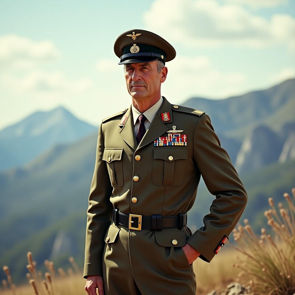 Character representing a military officer wearing a modern uniform with historical design elements. The background features a mountainous landscape without any distractions. Attention to detail in the uniform's accessories and insignia. A blend of animated character design and realistic military attire.