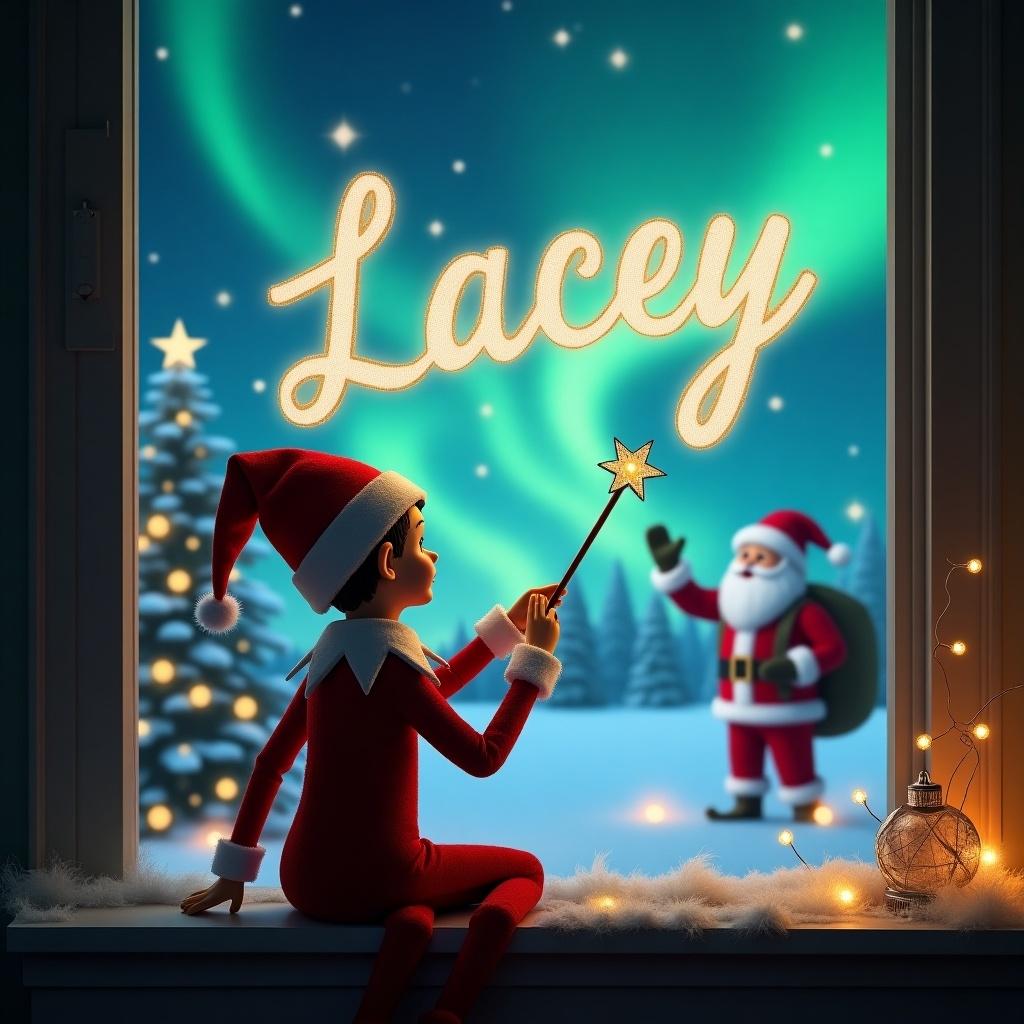 In this enchanting Christmas scene, an Elf on the Shelf character sits by a window, with his back turned to the viewer. He is focused on the sky, using a wand to elegantly write the name 'Lacey'. The background features a stunning display of the Northern Lights, adding a magical quality to the scene. Nearby, Santa Claus can be seen, contributing to the festive atmosphere. Soft, warm lights illuminate the window and create a cozy feeling. The overall composition invites viewers into a whimsical holiday moment.