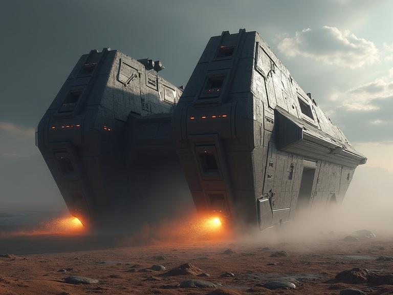 Huge dark grey sci fi blocky bevel polygonal hull textured spaceship shaped like letter H with rectangular bevel polygonal window in front. Glowing orange thrusts on the bottom landing on a dusty planet. Realism with shadows textures and soft reflection.