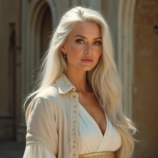 Beautiful mature woman in her early 30s to 40s with long white hair styled elegantly. Glamorous figure with large bust and slim waist. Smooth fair skin and refined features. Wearing stylish outfit suitable for going out. Calm and serene expression. Background is soft and blurred, creating focus on character. Semi-realistic or realistic portrait style with warm-toned colors.