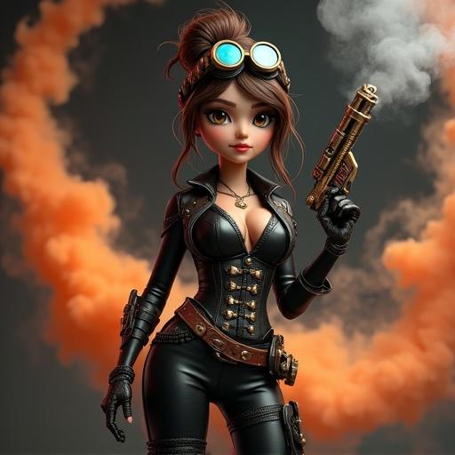 Steampunk woman adventurer with detailed 3D character render and anime features. Brown hair in high bun with tendrils. Large, expressive eyes. Steampunk goggles with glowing blue lenses. Dressed in leather jacket, trousers, utility corset-belt with pouches. Holds ornate steampunk pistol. Surrounded by swirling smoke against dark background.