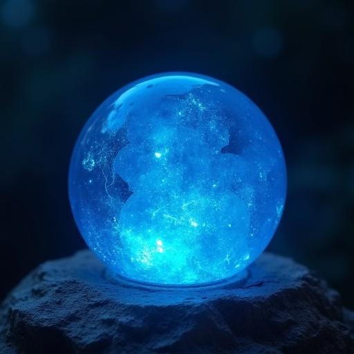 Depicts a glowing blue crystal orb resting on a stone base with a soft illumination effect.