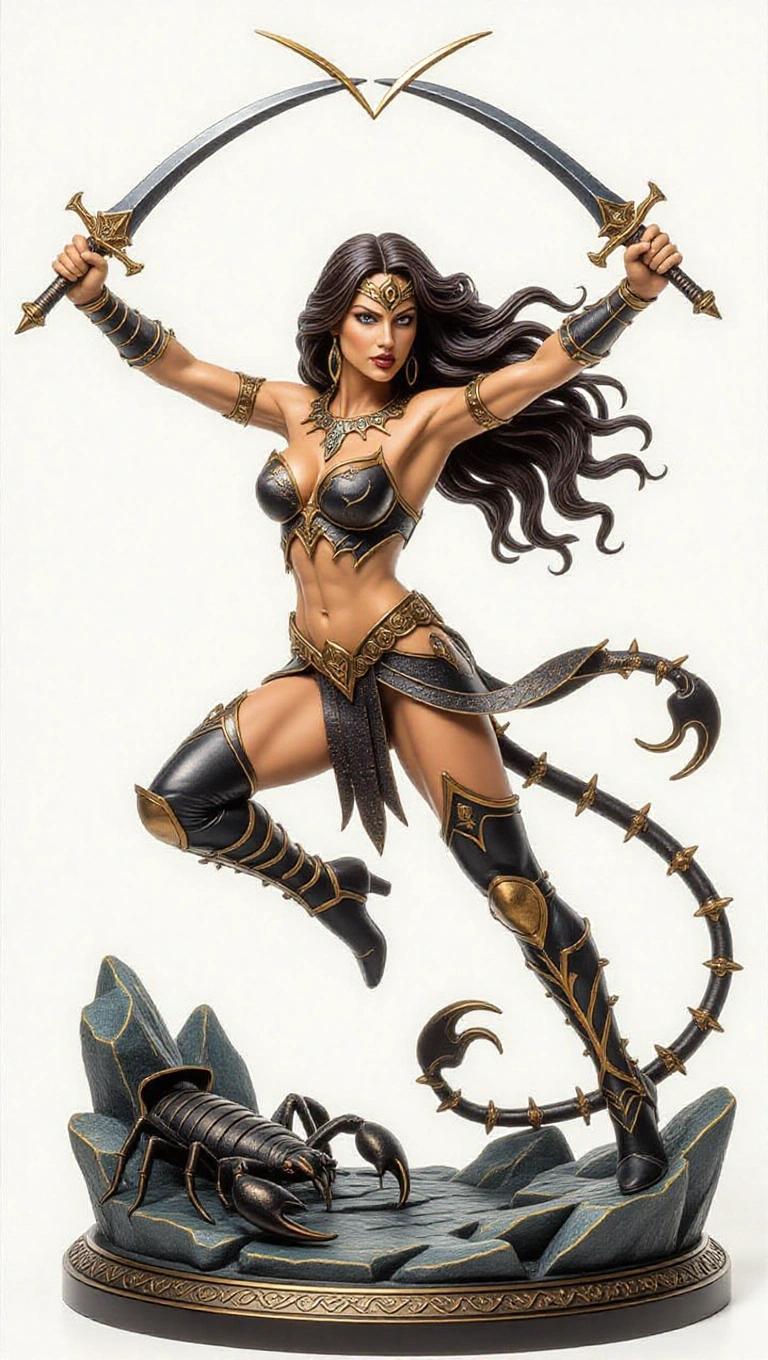 Resin sculpture of a dynamic goddess inspired by Scorpio. She holds two curved daggers crossed in the air. Her long hair flows as she leaps. The dark armor features scorpion elements. A scorpion tail decorates her waist. The base is rocky and has a cosmic atmosphere. The style is detailed and dramatic.