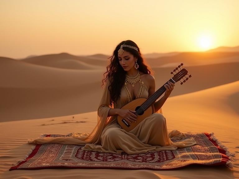 Graceful Arabic woman sits on ornate rug in desert. She wears sand-colored gown with golden accents. Dark wavy hair flows over shoulders. Intricate gold jewelry and headpiece catch sunlight. She holds Oud, expressing deep emotion. Setting sun creates warm glow and long shadows on dunes. Wind gently lifts edges of dress. Scene embodies tradition and solitude.