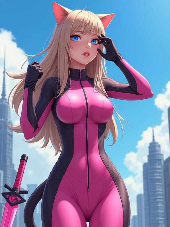 Mature woman with long light brown hair, light brown cat ears and tail. Blue eyes. Wearing dark pink body suit with zipper. Pink combat heels. Painted anime art style. Full body render. Sci-Fi look. Holding pink sword similar to monado. Fingerless gloves, black sleeves. Looking into bright blue sky with hand on forehead. Detailed techno city background.