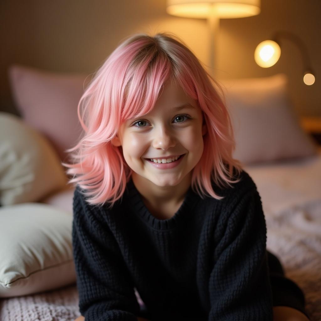 A girl has pink hair and wears a black sweater. The background is soft with ambient lighting.