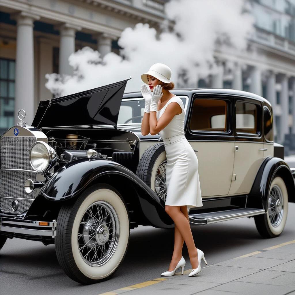 Photorealistic image of a socialite dressed in white. She leans over the left fender of a Mercedes-Benz 18/100 PS Sportwagen. Her palms are pressed to her cheeks in a comedic expression. The car's hood is fully opened revealing a straight-six engine. Steam erupts from the boiling radiator. The scene has a vintage roadside setting at golden hour.