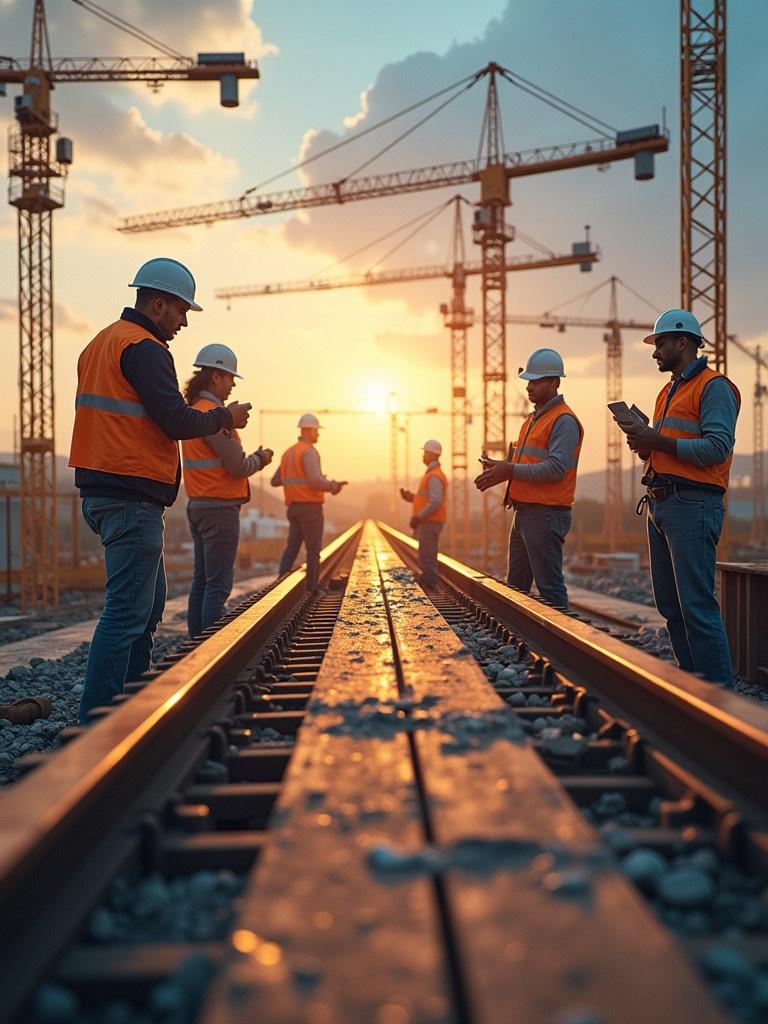 Dynamic scene of construction workers on site during sunset. Workers wear orange vests and helmets. They engage in equipment checks and discussions. Railway tracks lead into the distance, surrounded by cranes. The atmosphere is collaborative and industrious.