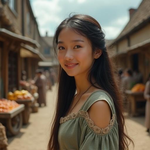 Portrait of a young European woman in a medieval setting. She has gentle facial features and a soft smile. Her dress is made of wool and linen in earthy tones. The background features a bustling market with townsfolk.