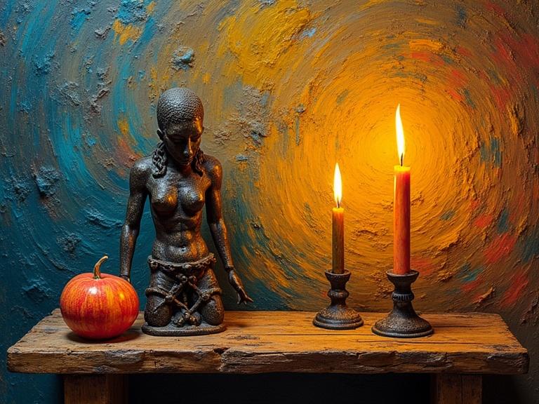 A still life scene featuring a rustic wooden table with a tribal male erotic sculpture and two flickering candles. The background is a textured wall with swirling colors inspired by Van Gogh. Thick brushstrokes create depth and shadow from the candlelight enhances the sculpture's features.