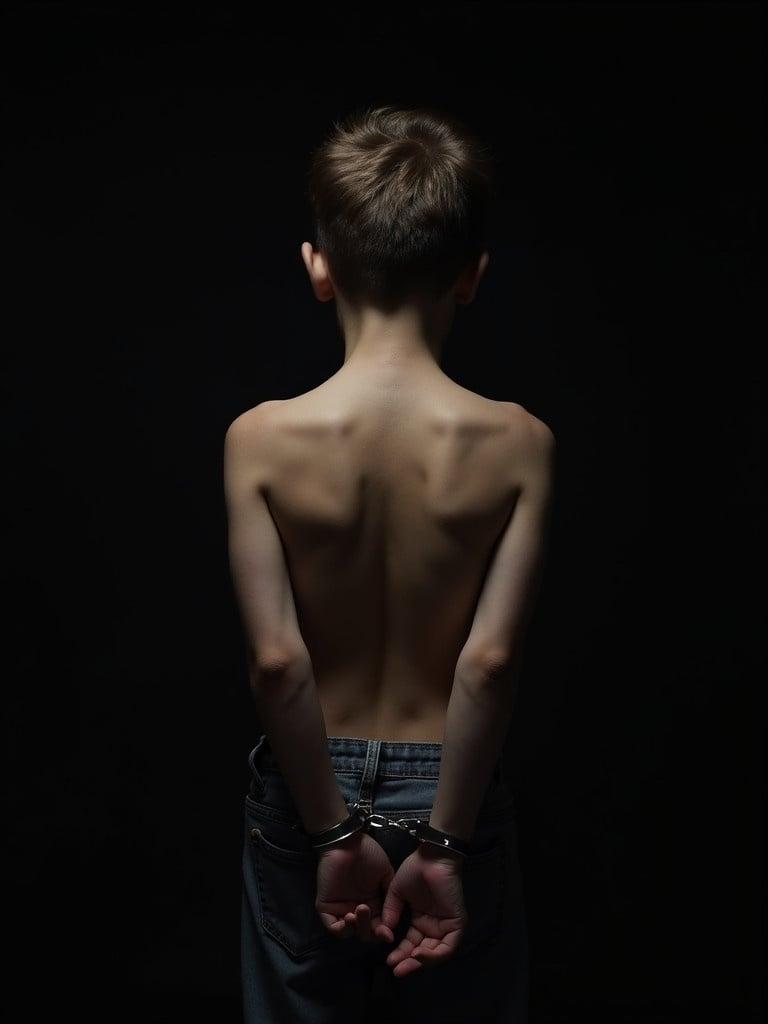 Caucasian boy stands with his back facing the viewer. Hands are behind his back secured with handcuffs. Dark background enhances contrast with subject. Portrays themes of vulnerability and innocence.