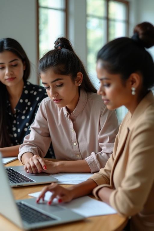 An image shows three young women engaged in work discussions. Women appear focused on their laptops. They wear classy and decent outfits. Their faces are not visible as they are not facing the camera. The background has large windows with natural light.