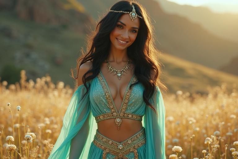 Tall woman wearing a turquoise Arabian princess outfit. Outfit features ornate gold embroidery, shimmering sequins, sheer overlay pants with floral patterns. Hair is shiny black. Top has deep V-neckline bordered with gold trim. Wears a jeweled headpiece. Glowing creatures swirl around her in grass. Smiling and twirling. Evokes happiness.