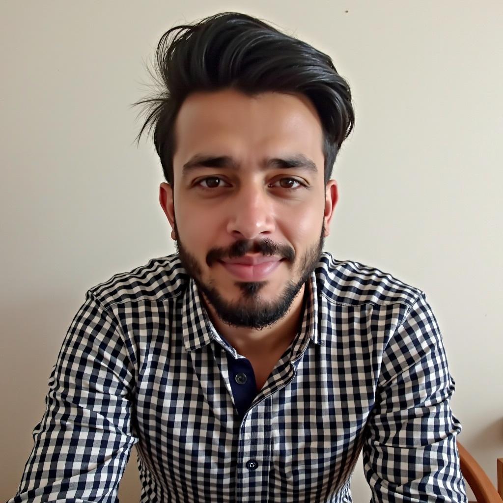 This image features a young man named Aasim, smiling warmly at the camera. He has dark hair styled neatly and a well-groomed beard. He is dressed in a checkered button-up shirt giving a smart casual look. The background is simple and neutral, which emphasizes his face. The overall mood is positive and approachable, making it suitable for professional contexts.