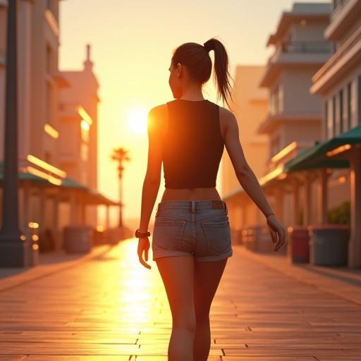 A Latina woman with high ponytail walks confidently on a sunlit city road. She wears a black tank top and denim shorts. The atmosphere is vibrant and luxurious. Visually appealing rays and reflections surround the scene.