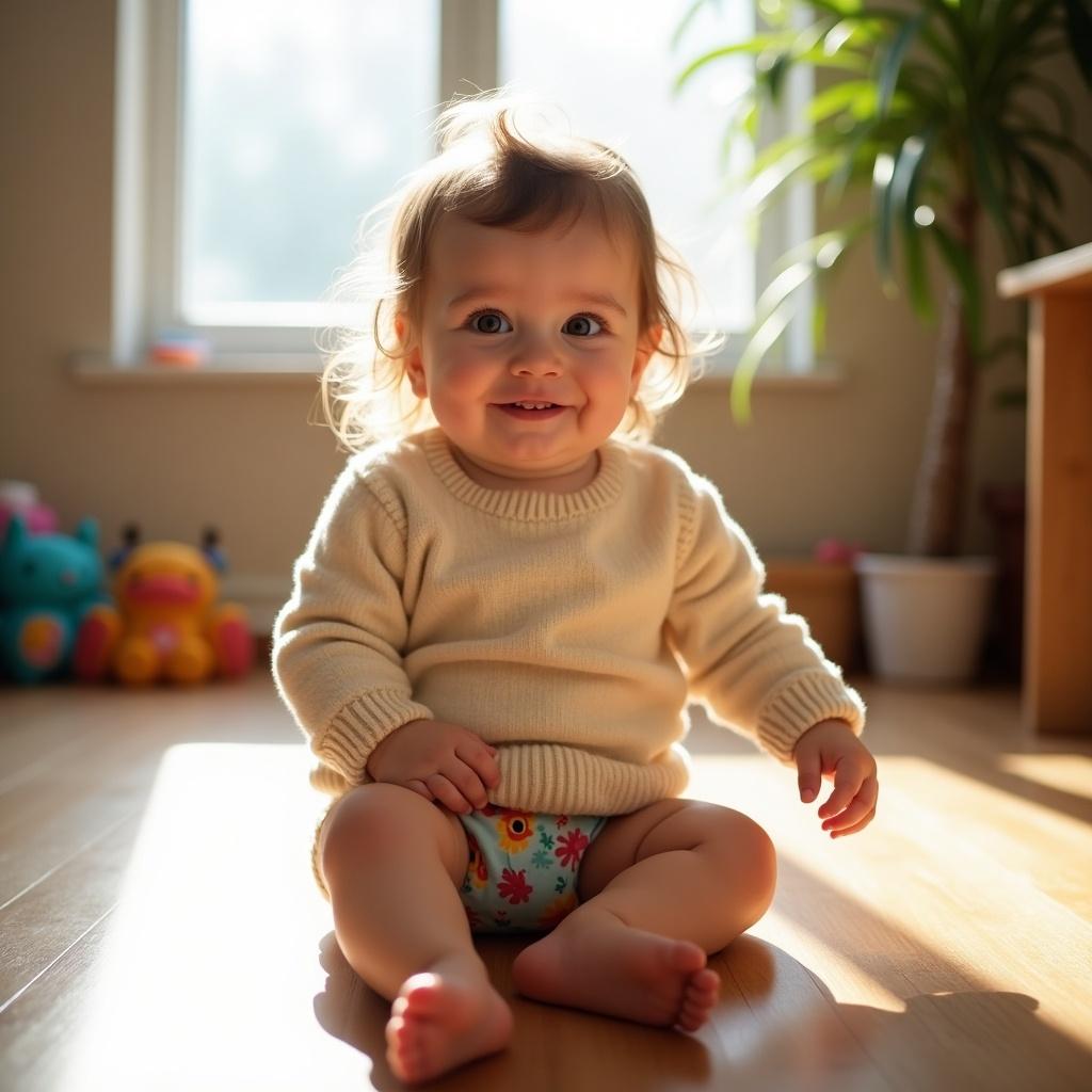 Young girl plays on the floor wearing a cozy sweater and colorful diaper. Sunlight brightens the room. Background has toys and blocks. Cheerful indoor setting.