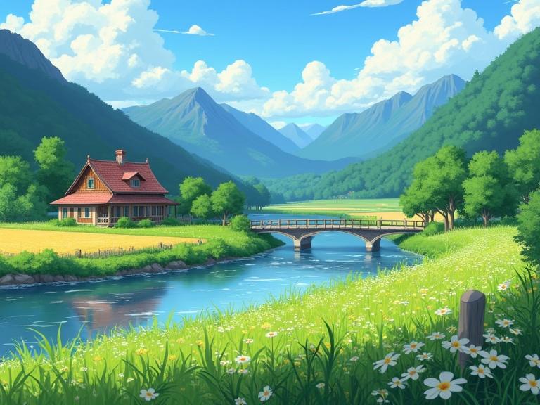 A house situated in the mountains beside a river with a bridge. Crop fields extend alongside the river, with a forest in the background. The scene is depicted in autumn from a distance across the river. A rolling hill with flowers and flowing grass is visible in the foreground. The style is reminiscent of hand-drawn animation like Studio Ghibli.