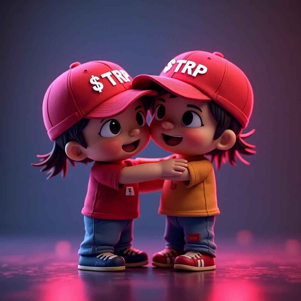 Animated characters hugging each other. Each wears a red baseball cap labeled $TRP. Humorous scenario created for promotional purposes. Neon lights background.