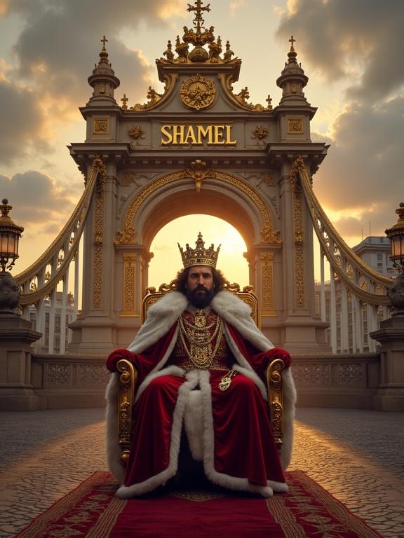 A king on a golden throne dressed in royal attire. The word SHAMEL is inscribed above him. A classically decorated gate in the background with the inscription East Or West Shamel Is The Best. Tower Bridge is visible to the west and Hampton Court Palace to the east. The scene is dramatic with warm colors.