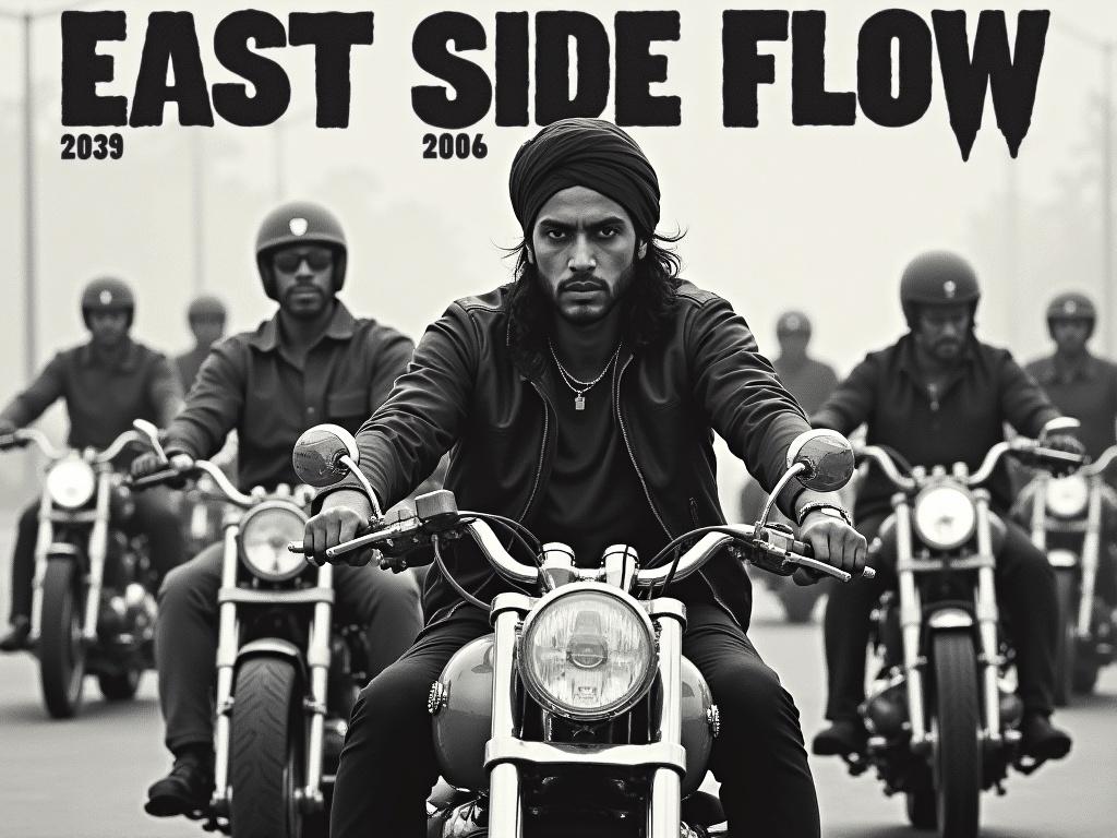 The image is a black and white music cover featuring a male figure in the foreground, riding a motorcycle. He has dark hair, is possibly wearing a turban, and has a determined expression. In the background, several other motorcyclists are present, creating a sense of movement and camaraderie. The title 'East Side Flow' is written in a prominent, stylized font at the top. The overall composition gives a sense of strength and unity among the riders, with a gritty, urban vibe.