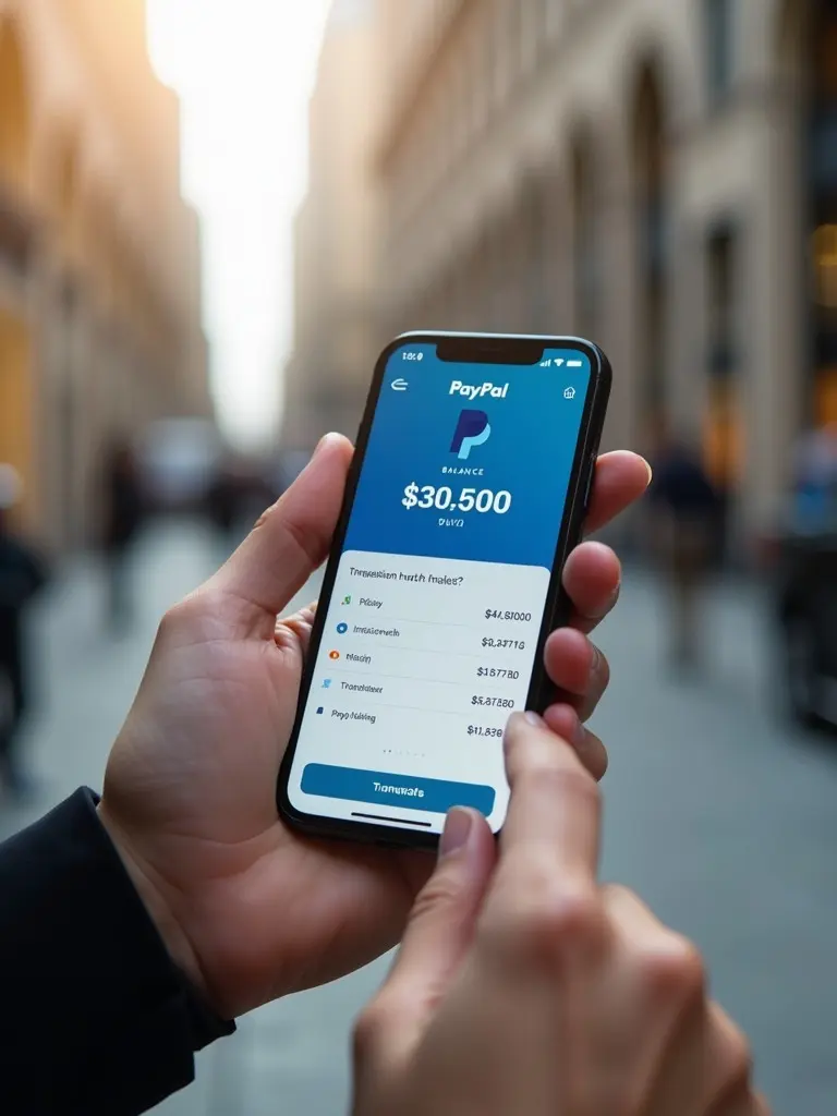 A person holds an iPhone showing the PayPal app. The balance reads $30,500 with transaction details visible. Soft natural lighting enhances the app's interface. The background shows an urban street, illustrating the use of a financial app. The image emphasizes easy financial management on-the-go with modern banking features.