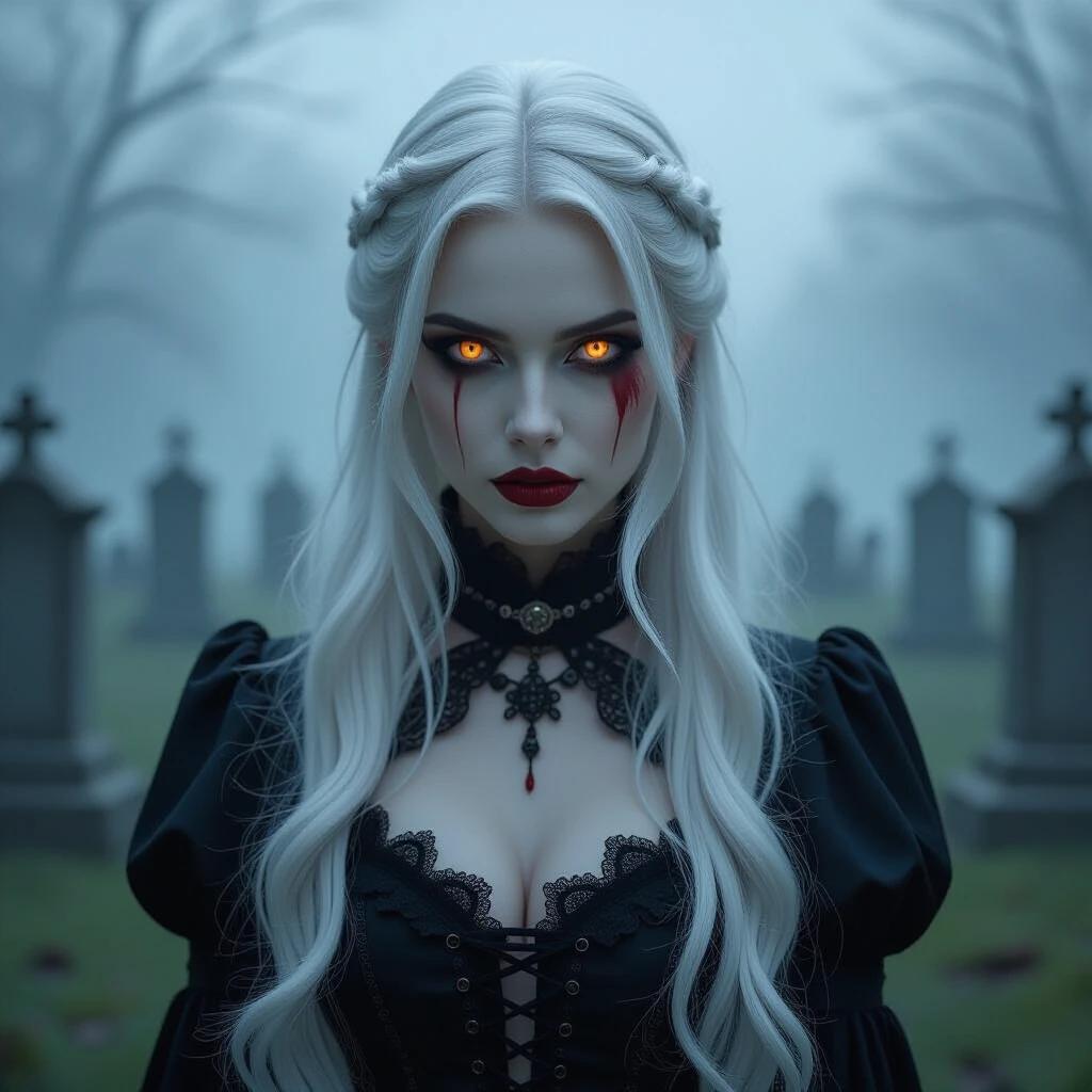 A striking figure with long silvery white hair stands in a misty graveyard. Golden eyes shimmer intensely. Black makeup contrasts with porcelain skin. Blood red streaks on the face and dripping from a black outfit. Gothic lace and ruffles enhance dark allure. Muted colors with ethereal lighting create a somber mood. Viewer feels beauty and dread from the enigmatic expression.