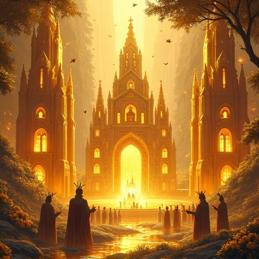 Hyper-detailed cartoon digital illustration of a Royal Bee Kingdom in a golden apiary in an enchanted forest. Towering crystal hives shaped like cathedrals adorned with royal banners. Regal bee warriors in obsidian and amber armor. Royal Bee Council around sacred honey vat. Translucent honey rivers flow surrounded by buzzing couriers and scholars. Cinematic lighting creates a rich atmosphere with giant blooming flowers.