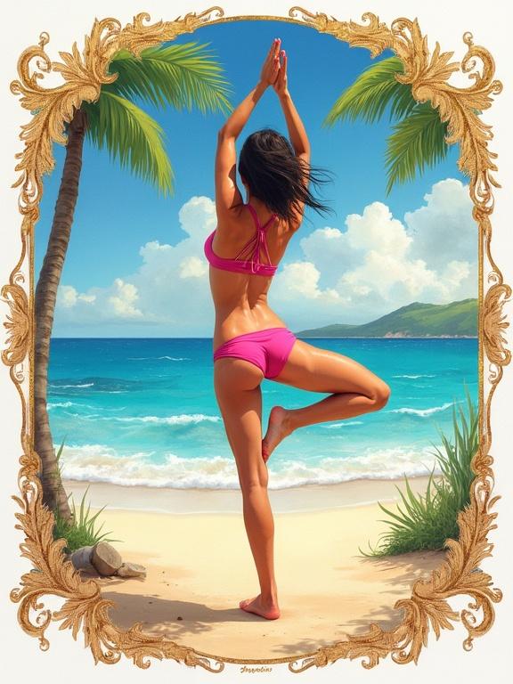A young latina woman practicing yoga on the beach. She has a tan and long hair. The background shows a beautiful beach landscape. The image features a whimsical border with golden designs. The scene is colorful and vibrant. The woman wears a cheerful pink bikini and poses in an arched style. The atmosphere is serene and fairy-tale-like.