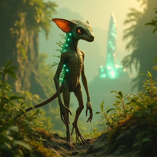 A tall slender Kelpien with bioluminescent nodes stands in a misty jungle on the planet Kaminar. The Kelpien has large eyes and elongated limbs. Its skin is green and brown, blending into the plants. Glowing plants and crystalline structures are in the background. Photorealistic style with warm light.