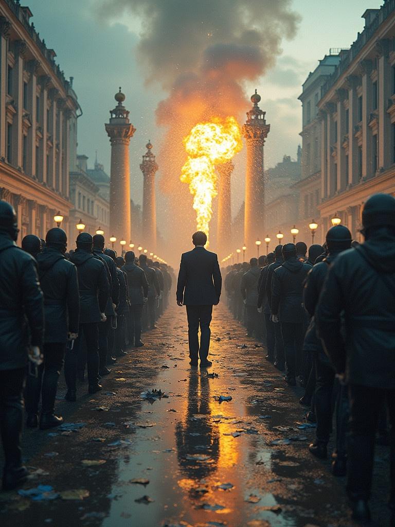 Dramatic scene of chaos in EU politics. A figure stands amidst flames on a grand street. Soldiers line up on both sides of the street. Strong visual metaphor. Evokes a sense of urgency and conflict in governance.