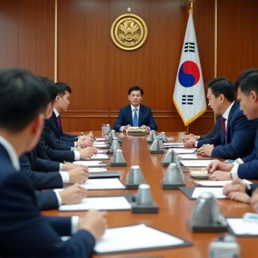 Wide-angle shot inside South Korean government conference room. Prime Minister presiding over cabinet meeting. National emblem and Taegeukgi flag on wall. Document boxes on oak table. Officials reviewing economic plans. Captured with Canon camera and 24-70mm lens. Photojournalism style with daylight and overhead lighting. Subtle lens flare visible.
