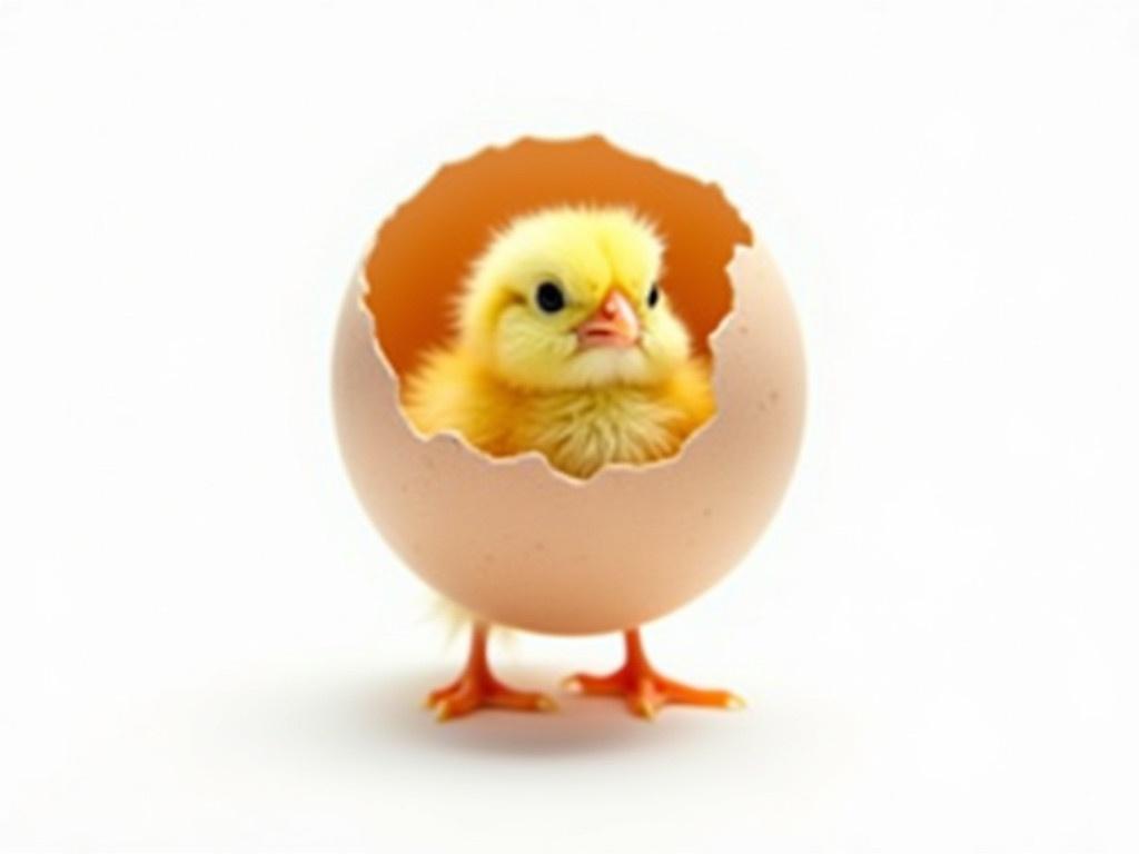 A cute little chick peeking out of a cracked eggshell. The chick is fluffy and bright yellow, with inquisitive eyes. The eggshell is light brown and has a clean break at the top, showing the chick's head and part of its body. The chick stands on two small orange legs, with little feet visible beneath the shell. The background is a simple, bright white, highlighting the chick and its eggshell. This image captures the moment of new life and the beginning of a journey for the chick.