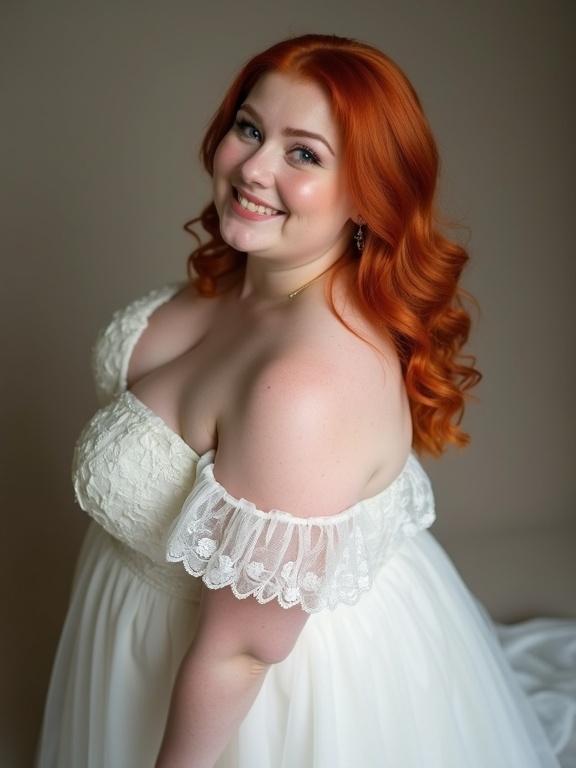 Young woman wearing a white wedding dress. She has red hair styled in soft curls. Standing in a playful pose. Image captured from an above angle. Her smile is warm and inviting. Appears youthful and cheerful.