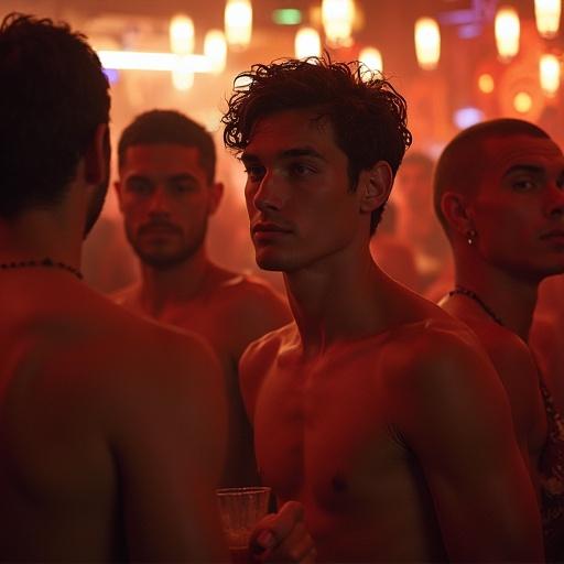 A shy young man in his 20s stands in a bar full of confident men. He takes little space while others show off. The background features men and attractive women interacting.