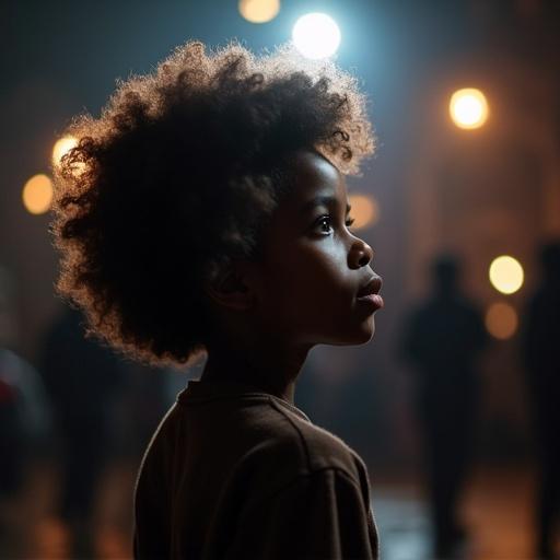 A young darkskin boy with curly hair is watching a film studio set. The scene is lit with dimmed lights creating a cinematic ambiance.