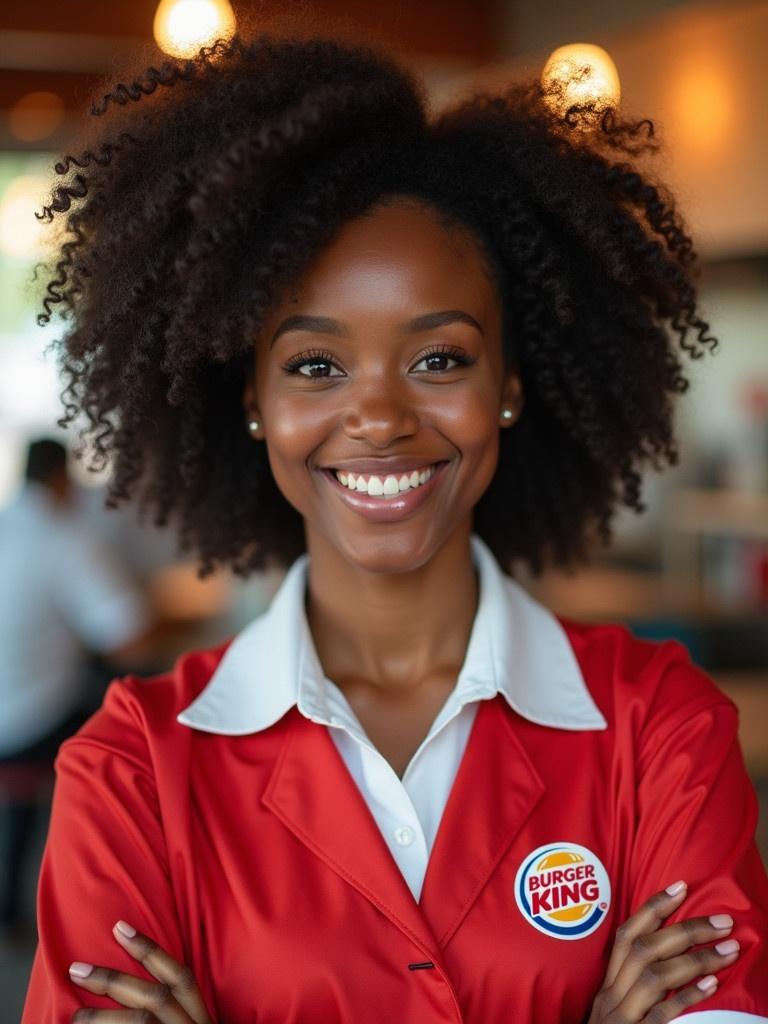 Black female with shoulder length hair wearing Burger King red uniform. The background shows a fast food restaurant interior. The person's arms are crossed in front.