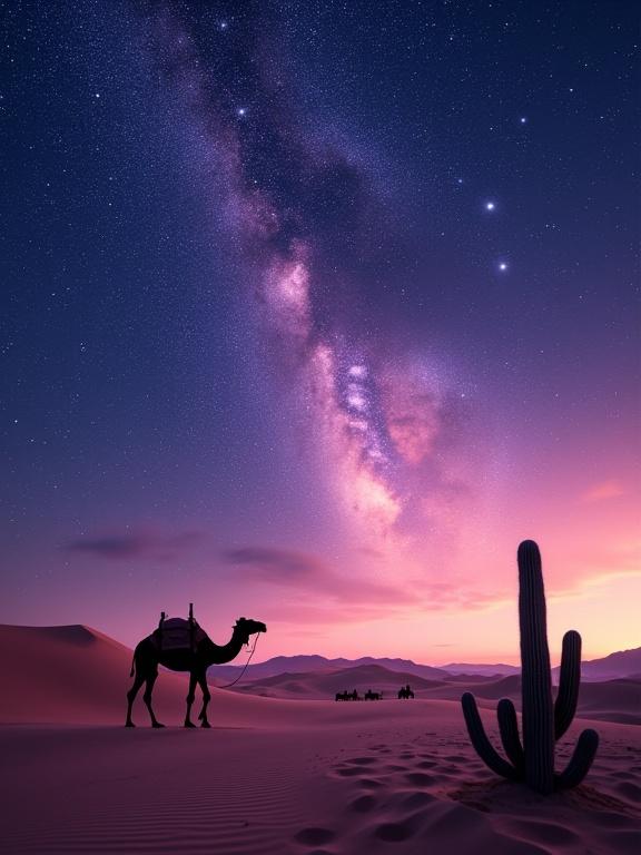 Galaxy in the desert with rolling dunes at sunset and a starry sky. Silhouette of a camel against the Milky Way and starlit cacti. Distant shadows of a caravan.