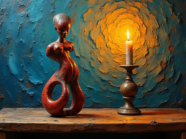 Vibrant still life arrangement featuring a rustic wooden table with a tribal erotic sculpture. A flickering candle emits a golden flame. Background showcases a swirling, textured wall painted in bold expressive strokes. Textures rendered in thick impasto-like brushstrokes. Candlelight casts dynamic shadows, highlighting rough organic shapes.