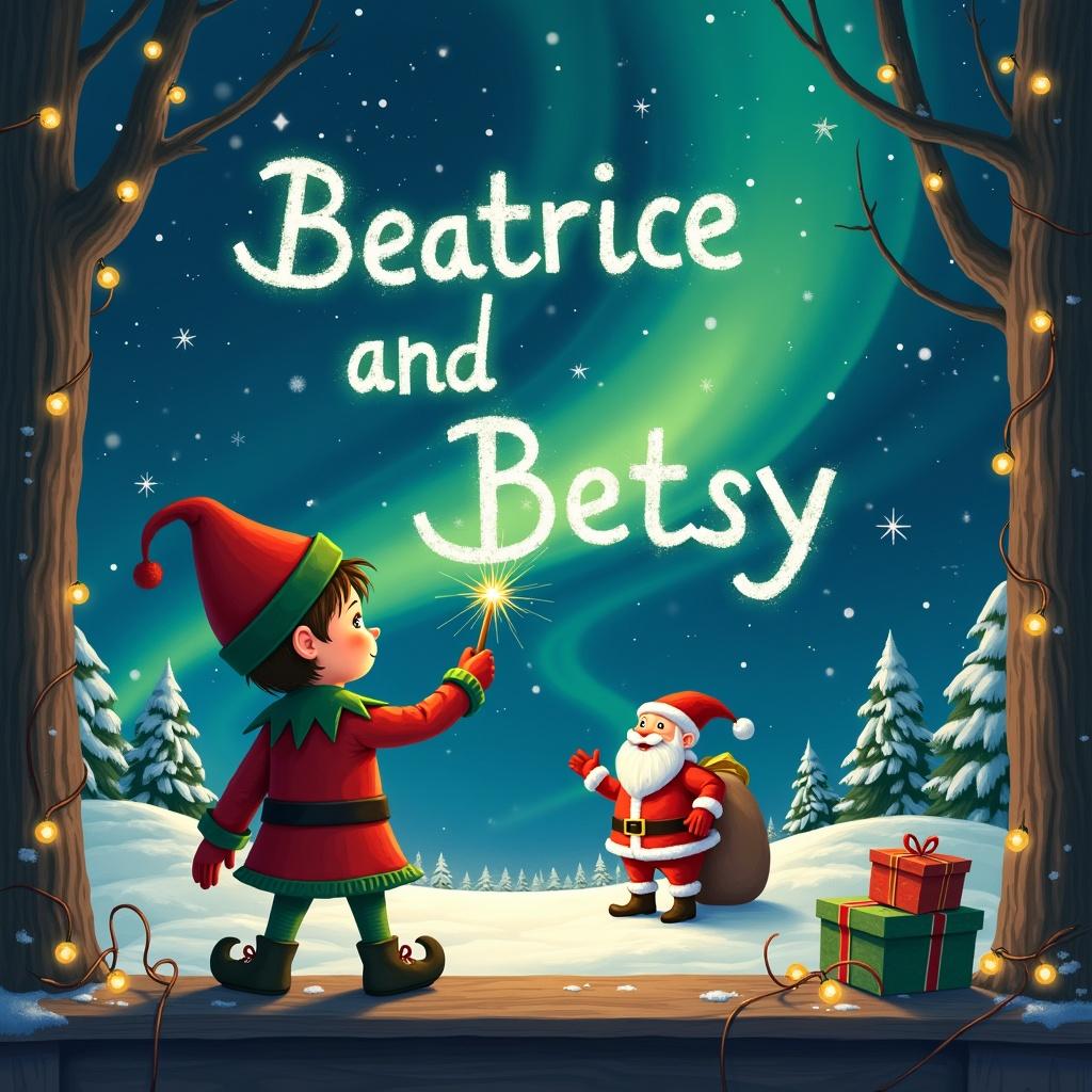 In this delightful holiday illustration, we see an elf on the shelf with his back to the viewer, captivated by the magical night sky. The elf holds a wand with which he is crafting the words 'Beatrice and Betsy' into the luminous sky. Behind him, the enchanting Northern lights dance above a snow-covered landscape. Off to the side, Santa Claus stands cheerfully with his sack of gifts. The entire scene is accentuated by warm twinkling lights, creating a cozy and festive atmosphere.